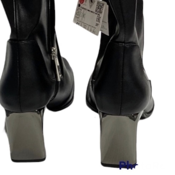 ZARA Women's Black Faux Leather Ankle Booties Silver Metal 3 In Heel Size 10 - Picture 3 of 7